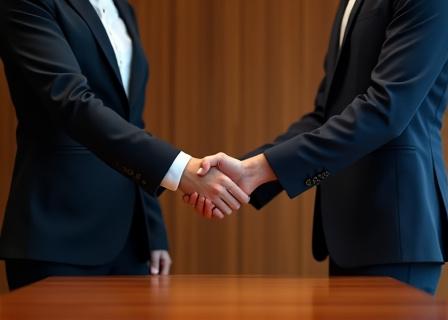 Two professionals in a high-end corporate setting shaking hands